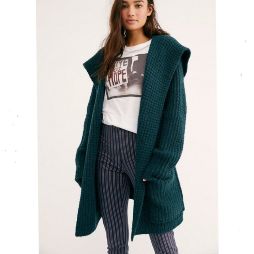 Free People Teal Hooded Cardigan